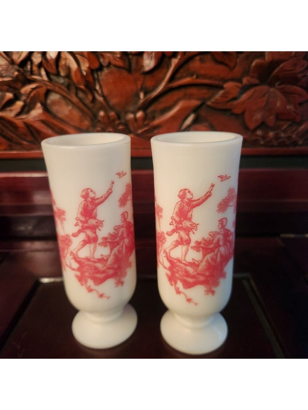 Vintage Milk Glass Bud Vases with Red Victorian Scene Design Set of Two